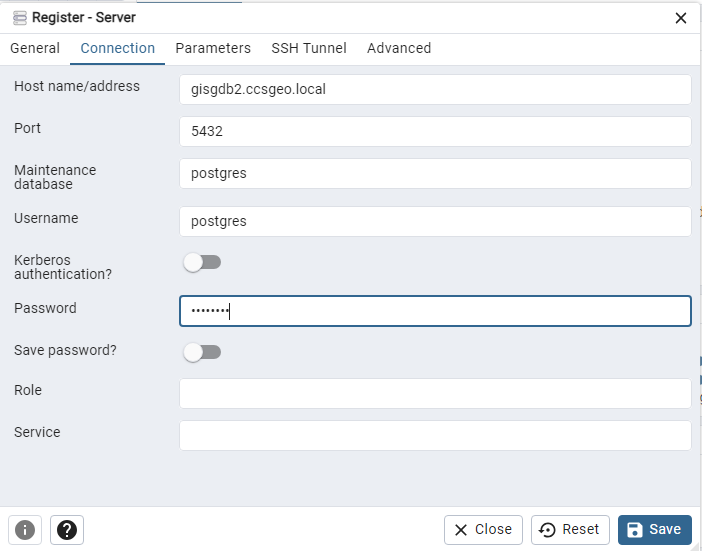 Register the database server in pgAdmin