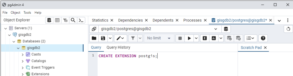 Adding the PostGIS extension to the gisgdb2 database.