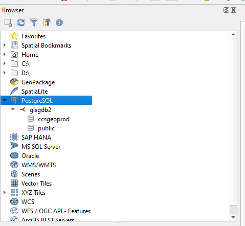 The database and schema visible in the QGIS Browser.